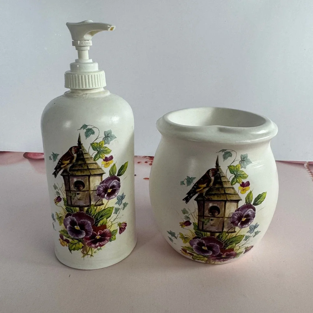 Vintage Birdhouse Pansy Ceramic Soap Dispenser and Heart Wax Warmer Set White